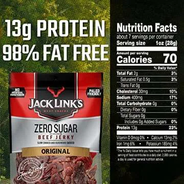 Jack Link's Beef Jerky, Original, Zero Sugar – Flavorful Meat Snacks, Ready to Eat Protein Snacks with 13g of Protein, Made with 100% Beef, Keto, Paleo & Carnivore Diet Ready – 7.3 Oz. (Pack of 2)