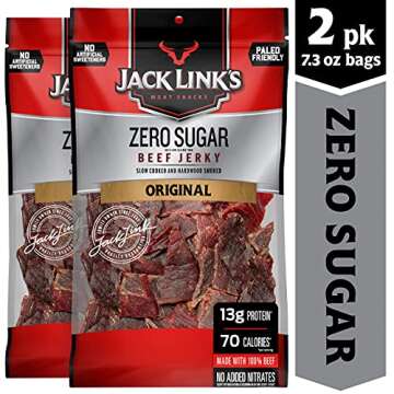 Jack Link's Beef Jerky, Original, Zero Sugar – Flavorful Meat Snacks, Ready to Eat Protein Snacks with 13g of Protein, Made with 100% Beef, Keto, Paleo & Carnivore Diet Ready – 7.3 Oz. (Pack of 2)