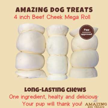 Amazing Dog Treats - Beef Cheek Rolls (Mega Thick 4" - 6 Pcs) - Safe Rawhide Alternative Dog Chew - ...