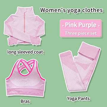 SINBRLAI Women's 3pcs Seamless Workout Outfits Sets, Yoga Sportswear Tracksuit Leggings and Stretch Sports Bra Fitness