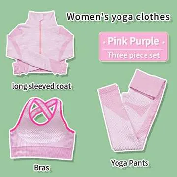 SINBRLAI Women's 3pcs Seamless Workout Outfits Sets, Yoga Sportswear Tracksuit Leggings and Stretch Sports Bra Fitness