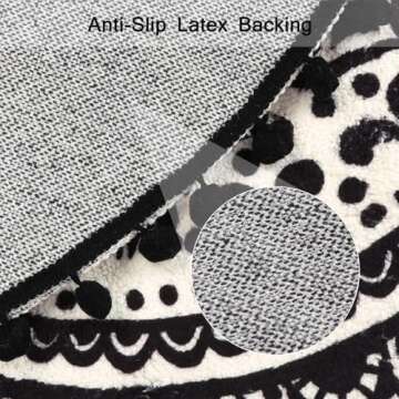 Uphome Small Round Rug 2’ Boho Beige and Black Bathroom Rug with Pom Poms Fringe Washable Mandala Circle Shower Mat Soft Non-Slip Cute Circular Throw Rug for Sink Powder Room Kids Room Nursery