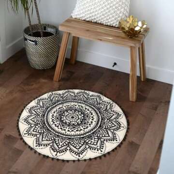 Uphome Small Round Rug 2’ Boho Beige and Black Bathroom Rug with Pom Poms Fringe Washable Mandala Circle Shower Mat Soft Non-Slip Cute Circular Throw Rug for Sink Powder Room Kids Room Nursery