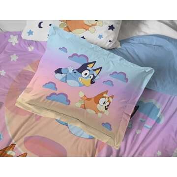 Jay Franco Bluey & Bingo Twin Comforter Set - 5 Piece Bed Set Includes Sheet Set & Pillow Covers - Super Soft Clouds & Stars Kids Bedding