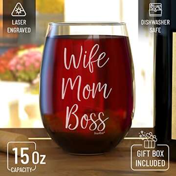 shop4ever Wife Mom Boss Laser Engraved Stemless Wine Glass ~ Mother's Day Gift for New Mommy Birthda...