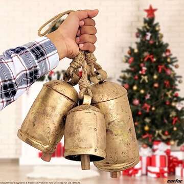 Carfar Shabby Chic Set of 3 Country Rustic Style Bells Handmade Metal Harmony Christmas Hanging Cow Bell Set on Jute Rope (Large)