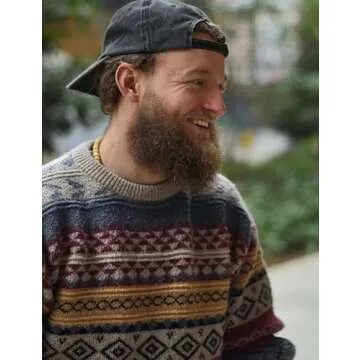 PEHMEA Men's Vintage Striped Sweater Oversized Crewneck Long Sleeve Knitted Pullover Jumper(WineRed-S)