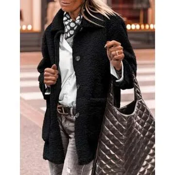 PRETTYGARDEN Women's Winter Faux Fur Coats Long Sleeve Lapel Button Down Pockets Fleece Sherpa Jacket Casual Trendy Outerwear (Black,Small)