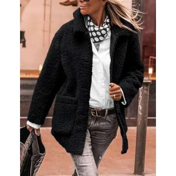 PRETTYGARDEN Women's Winter Faux Fur Coats Long Sleeve Lapel Button Down Pockets Fleece Sherpa Jacket Casual Trendy Outerwear (Black,Small)