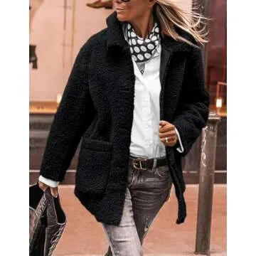 PRETTYGARDEN Women's Winter Faux Fur Coats Long Sleeve Lapel Button Down Pockets Fleece Sherpa Jacket Casual Trendy Outerwear (Black,Small)