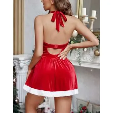 Avidlove Christmas Dress Corset Halter Mini Dress Sexy Santa Dress Claus Costume Christmas Lingerie(Red,Small)