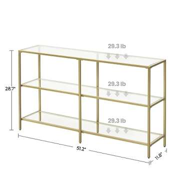 VASAGLE 51.2 Inch Console Table with 3 Shelves, Sofa Table, Entryway Table, Metal Frame, Tempered Glass Shelf, Modern Style, for Entryway Living Room Bedroom, Metallic Gold and Transparent ULGT024A01