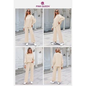 Pink Queen Women's 2 Piece Outfits Sweater Sets Knit Pullover Tops And Wide Leg Pants Loose Tracksuit Lounge Set