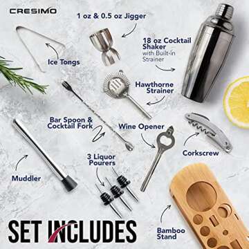 Cocktail Shaker Set: 12-PC Drink Shakers with Bamboo Stand - Ultimate Home Bar Kit & Martini Shaker Set - Cocktail Mixer, Bartender Kit, Bar Tools - Cresimo Cocktail Set