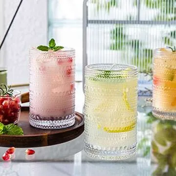 POLIDREAM Hobnail Drinking Glasses Set of 4, Art Deco Vintage Glassware, 12 oz Tall Crystal Tumblers, Clear Embossed Glass Cups, Romantic Iced Beverage Glass, for Beer, Cocktail, Soda, Cappuccino