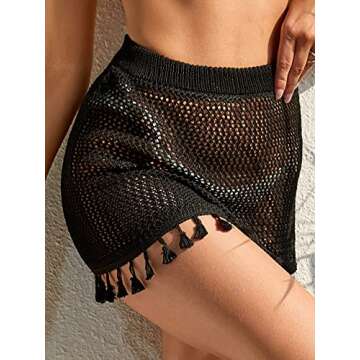 MakeMeChic Women's Crochet Cover Up Skirt Tassel Knitted Mini Beach Cover Up Black A S