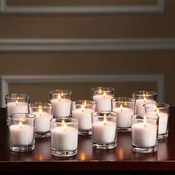 Hosley 48 Pack Ivory Unscented Votive Candles, Clear Glass, Hand-Poured Wax, Bulk Wedding & Party Ca...
