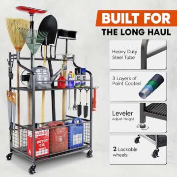 IDZO 2-Tier Garden Tool Organizer for Garage, 85 Lbs Capacity Garden Tool Rack with 2 Lockable Wheels, 5 Removable Hooks and Power Coated Steel Tube To Long Handle Tool Storage for Shed, Garage, Black