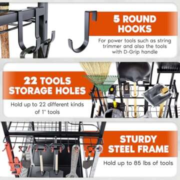 IDZO 2-Tier Garden Tool Organizer for Garage, 85 Lbs Capacity Garden Tool Rack with 2 Lockable Wheels, 5 Removable Hooks and Power Coated Steel Tube To Long Handle Tool Storage for Shed, Garage, Black