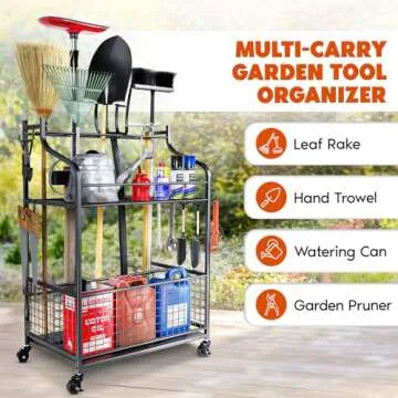 IDZO 2-Tier Garden Tool Organizer for Garage, 85 Lbs Capacity Garden Tool Rack with 2 Lockable Wheels, 5 Removable Hooks and Power Coated Steel Tube To Long Handle Tool Storage for Shed, Garage, Black