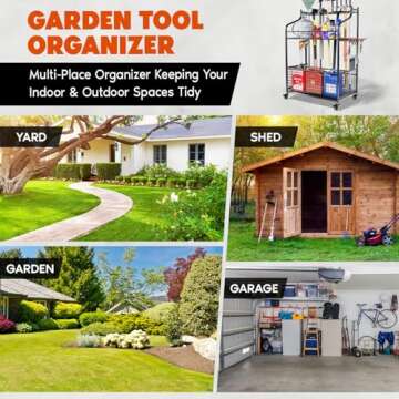 IDZO 2-Tier Garden Tool Organizer for Garage, 85 Lbs Capacity Garden Tool Rack with 2 Lockable Wheels, 5 Removable Hooks and Power Coated Steel Tube To Long Handle Tool Storage for Shed, Garage, Black