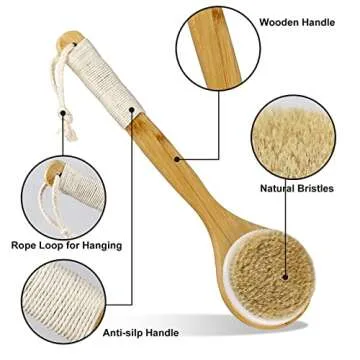 Dry Brush Bath Body Brush with Natural Bristle Shower Brush for Exfoliating Skin, Stimulating Blood Circulation, Massaging The Skin and Improving Skin Health, Set of 2, with 2 Wall Hook