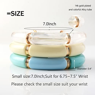 GOOJIDS Bamboo Tube Bangles Bracelet Chunky Curved Stacking Clear Acrylic Colorful Beads Stretchable Friendship Gold Bracelets Gift For Women (Q-Blue 3pcs set)