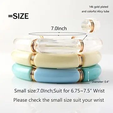 GOOJIDS Bamboo Tube Bangles Bracelet Chunky Curved Stacking Clear Acrylic Colorful Beads Stretchable Friendship Gold Bracelets Gift For Women (Q-Blue 3pcs set)