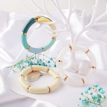 GOOJIDS Bamboo Tube Bangles Bracelet Chunky Curved Stacking Clear Acrylic Colorful Beads Stretchable Friendship Gold Bracelets Gift For Women (Q-Blue 3pcs set)
