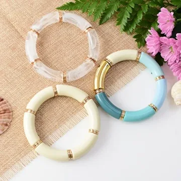 GOOJIDS Bamboo Tube Bangles Bracelet Chunky Curved Stacking Clear Acrylic Colorful Beads Stretchable Friendship Gold Bracelets Gift For Women (Q-Blue 3pcs set)