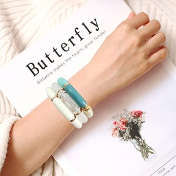 GOOJIDS Bamboo Tube Bangles Bracelet Chunky Curved Stacking Clear Acrylic Colorful Beads Stretchable Friendship Gold Bracelets Gift For Women (Q-Blue 3pcs set)