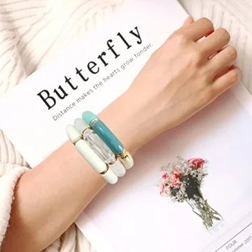 GOOJIDS Bamboo Tube Bangles Bracelet Chunky Curved Stacking Clear Acrylic Colorful Beads Stretchable Friendship Gold Bracelets Gift For Women (Q-Blue 3pcs set)