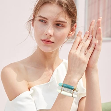 GOOJIDS Bamboo Tube Bangles Bracelet Chunky Curved Stacking Clear Acrylic Colorful Beads Stretchable Friendship Gold Bracelets Gift For Women (Q-Blue 3pcs set)