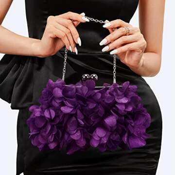 JAMBHALA Women Elegant Evening Purse, Small Floral Clutch Bag with Detachable Chain for Wedding, Party, Prom, Purple