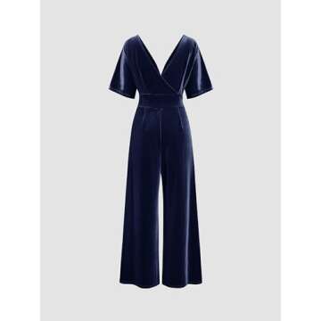 CIDER Women's Velvet V-neck Solid Ruffle Jumpsuit: Dark Navy, X-Small