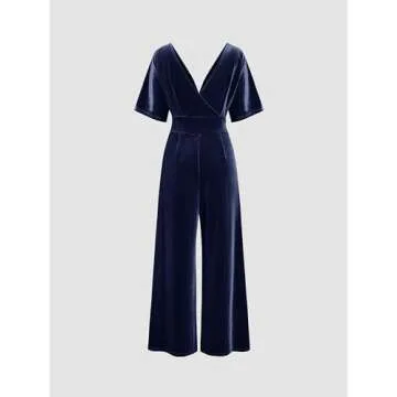 CIDER Women's Velvet V-neck Solid Ruffle Jumpsuit: Dark Navy, X-Small