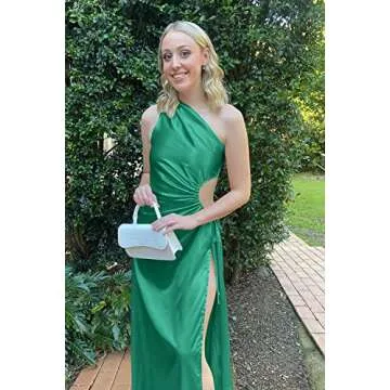 PRETTYGARDEN Women's 2024 Summer One Shoulder Satin Dress Cutout High Split Cocktail Wedding Guest Maxi Dresses (Green,Medium)