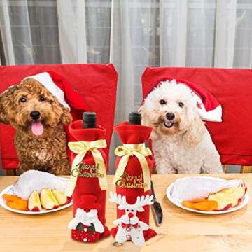 LeaderPro 6PCS Christmas Chair Cover 2PCS Wine Bottle Cover Santa Hat Chair Covers Red Back Decoration Christmas Festive Home Dinner Table Kitchen Party Decor