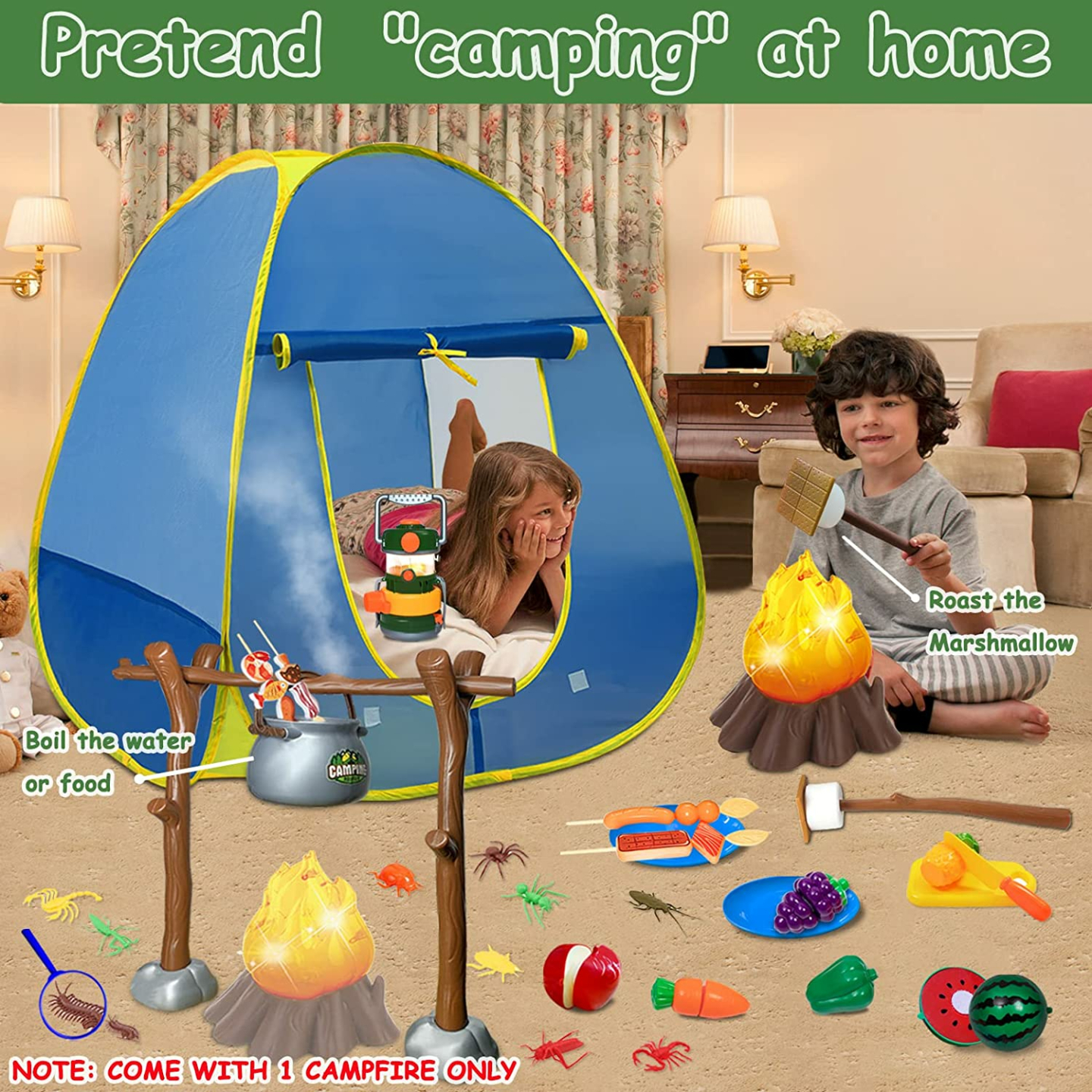 Kids Camping Tent Set with Lantern & Accessories