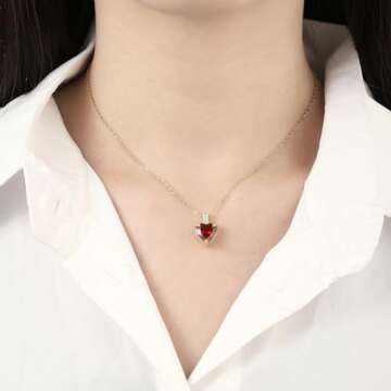 January Birthstone Necklace for Women, 14K Gold Plated Diamond Necklaces for Women, Red Garnet Neckl...