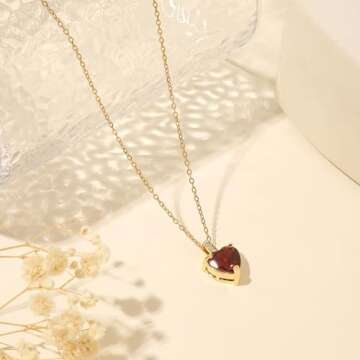 January Birthstone Necklace for Women, 14K Gold Plated Diamond Necklaces for Women, Red Garnet Necklaces for Women, Heart Birthstone Necklace for Women, Red Heart Necklaces for Women