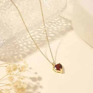 January Birthstone Necklace for Women, 14K Gold Plated Diamond Necklaces for Women, Red Garnet Necklaces for Women, Heart Birthstone Necklace for Women, Red Heart Necklaces for Women