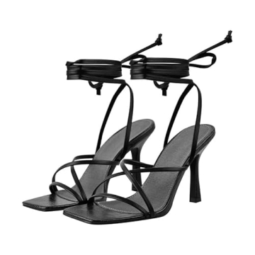 LISHAN Women's Ankle Strappy Gladiator High Heels Open Square Toe Backless Stiletto Heel Criss-cross Lace Up Prom Party Dress Heeled Sandals Black Size 9