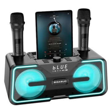 BIGASUO Portable Bluetooth Karaoke Machine for All Ages with UHF Microphones and LED Lights for Part...