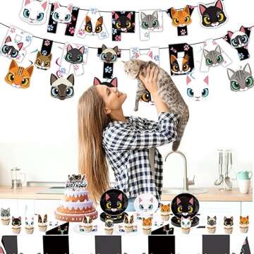 137pcs Cat Birthday Decorations Cat Themed Party Supplies - Banner Plates Napkins Hanging Swirls Kitten Balloons Cake Cupcake Toppers Tablecloth Stickers for Kids Girls Party Decor (Black+White)