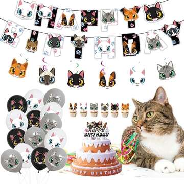 137pcs Cat Birthday Decorations Cat Themed Party Supplies - Banner Plates Napkins Hanging Swirls Kitten Balloons Cake Cupcake Toppers Tablecloth Stickers for Kids Girls Party Decor (Black+White)