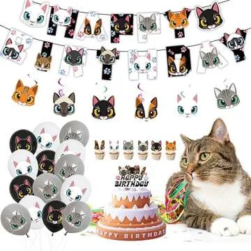 137pcs Cat Birthday Decorations Cat Themed Party Supplies - Banner Plates Napkins Hanging Swirls Kitten Balloons Cake Cupcake Toppers Tablecloth Stickers for Kids Girls Party Decor (Black+White)