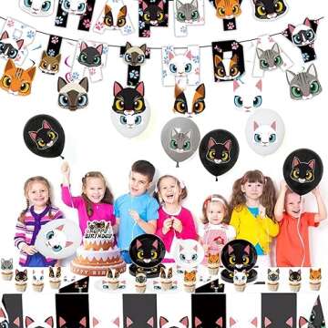 137pcs Cat Birthday Decorations Cat Themed Party Supplies - Banner Plates Napkins Hanging Swirls Kitten Balloons Cake Cupcake Toppers Tablecloth Stickers for Kids Girls Party Decor (Black+White)