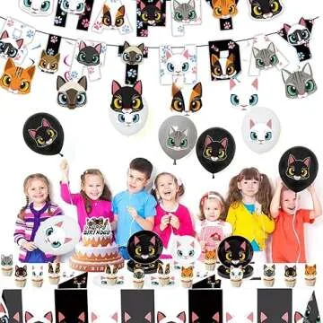 137pcs Cat Birthday Decorations Cat Themed Party Supplies - Banner Plates Napkins Hanging Swirls Kitten Balloons Cake Cupcake Toppers Tablecloth Stickers for Kids Girls Party Decor (Black+White)