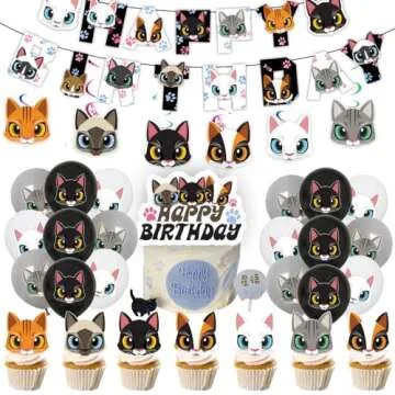 137pcs Cat Birthday Decorations Cat Themed Party Supplies - Banner Plates Napkins Hanging Swirls Kitten Balloons Cake Cupcake Toppers Tablecloth Stickers for Kids Girls Party Decor (Black+White)